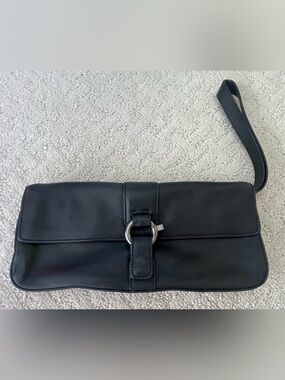 VIA SPIGA Black Leather Baguette Wristlet Clutch Silver Buckle